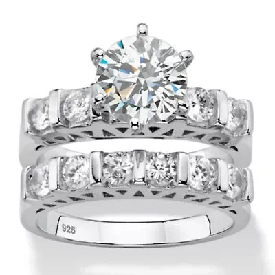 3 TCW Cubic Zirconia Platinum-plated Silver 2-Piece Bridal Wedding Ring Set