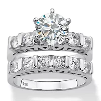 3 TCW Cubic Zirconia Platinum-plated Silver 2-Piece Bridal Wedding Ring Set