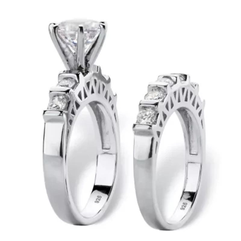 3 TCW Cubic Zirconia Platinum-plated Silver 2-Piece Bridal Wedding Ring Set