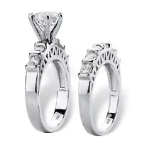 3 TCW Cubic Zirconia Platinum-plated Silver 2-Piece Bridal Wedding Ring Set