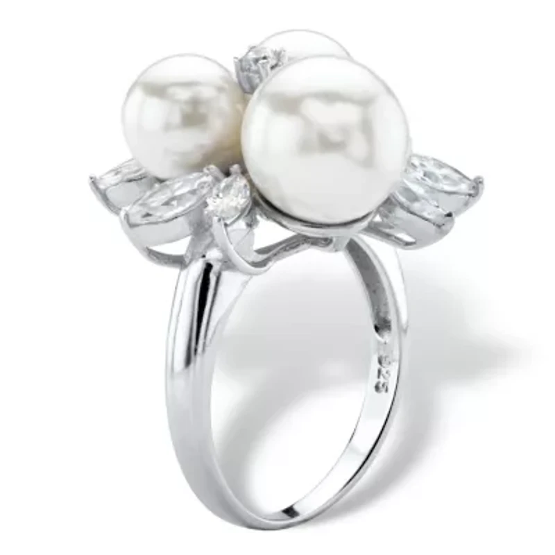 1.84 TCW Simulated Pearl and CZ Platinum-plated Sterling Silver Cocktail Ring
