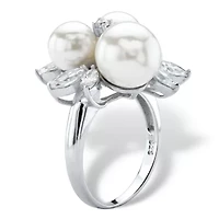 1.84 TCW Simulated Pearl and CZ Platinum-plated Sterling Silver Cocktail Ring