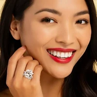 1.84 TCW Simulated Pearl and CZ Platinum-plated Sterling Silver Cocktail Ring