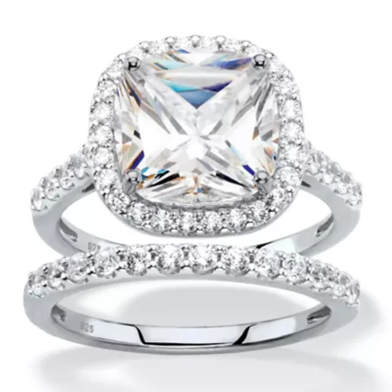 3.49 TCW Cubic Zirconia 2-Piece Platinum-plated Sterling Silver Halo Bridal Set