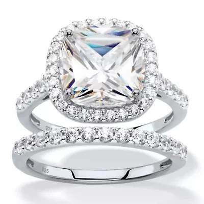 3.49 TCW Cubic Zirconia 2-Piece Platinum-plated Sterling Silver Halo Bridal Set