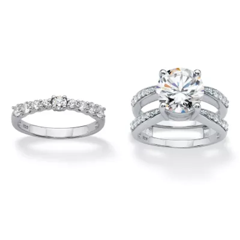 4.80 Cttw. Cubic Zirconia Platinum-plated Silver 2-Piece Jacket Wedding Ring Set