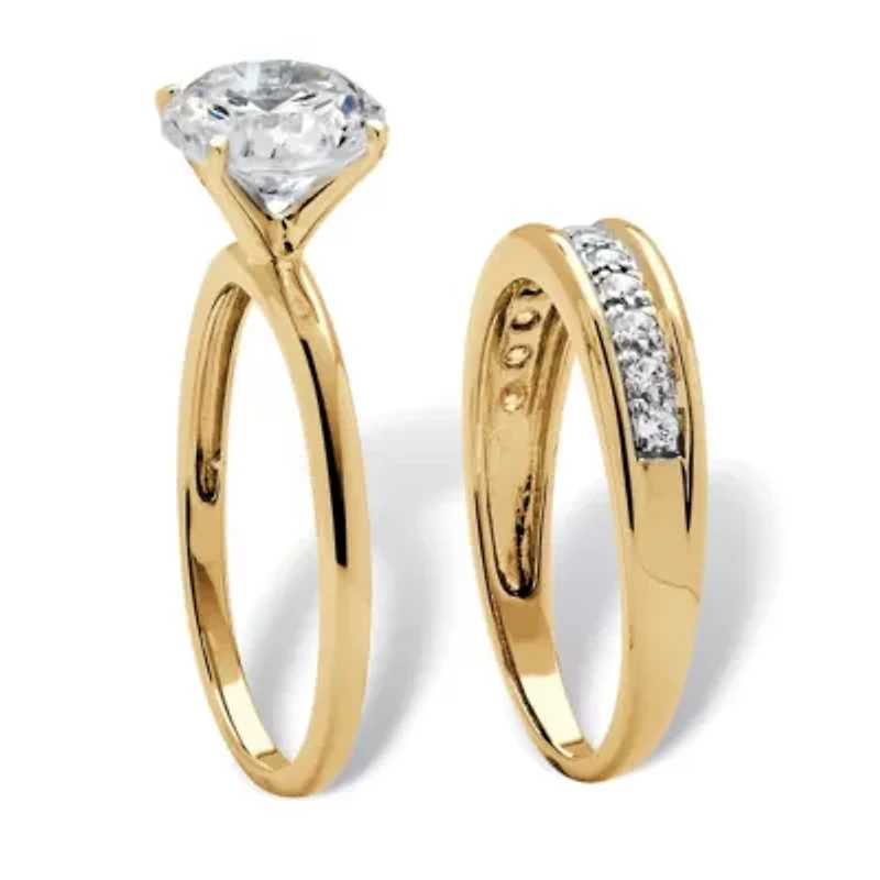 2.20 TCW Cubic Zirconia 18k Gold-plated Silver Solitaire Wedding Ring Set