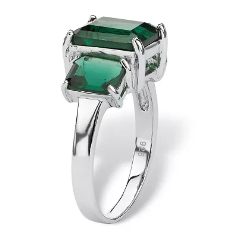 Emerald-Cut Simulated Green Emerald .925 Sterling Silver 3-Stone Ring