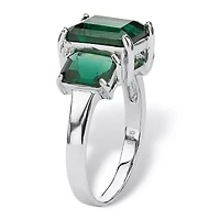 Emerald-Cut Simulated Green Emerald .925 Sterling Silver 3-Stone Ring