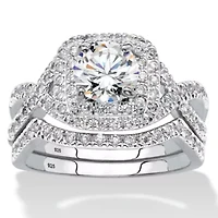 2.20 TCW CZ Two-Piece Halo Bridal Ring Set Platinum-plated Sterling Silver