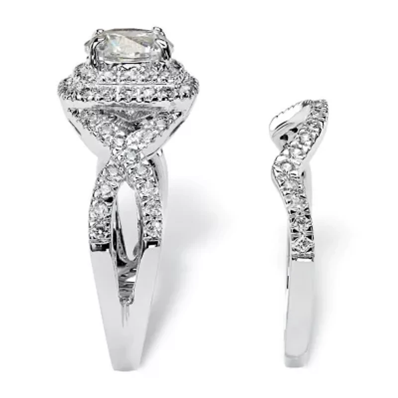 2.20 TCW CZ Two-Piece Halo Bridal Ring Set Platinum-plated Sterling Silver