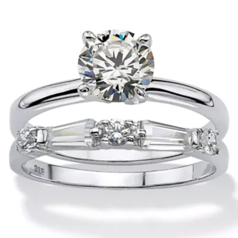 2.06 Cttw. Cubic Zirconia Sterling Silver Solitaire 2-Piece Wedding Ring Set