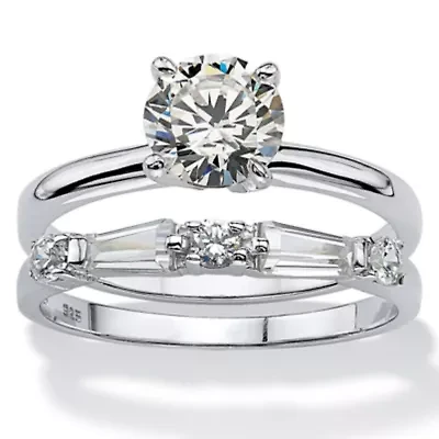 2.06 Cttw. Cubic Zirconia Sterling Silver Solitaire 2-Piece Wedding Ring Set