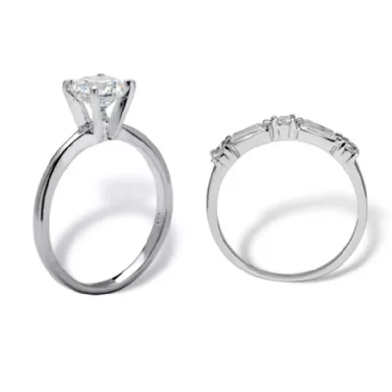 2.06 Cttw. Cubic Zirconia Sterling Silver Solitaire 2-Piece Wedding Ring Set