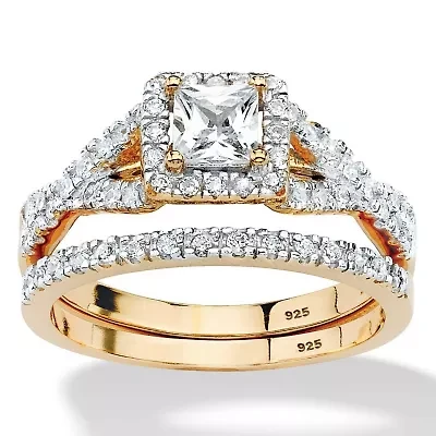 .97 TCW Princess-Cut CZ 2-Pc. Halo Bridal Set Gold-Plated Sterling Silver
