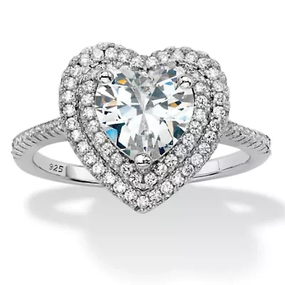1.48 Cttw Platinum-plated Sterling Silver Heart-Shaped Cubic Zirconia Halo Ring