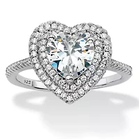 1.48 Cttw Platinum-plated Sterling Silver Heart-Shaped Cubic Zirconia Halo Ring