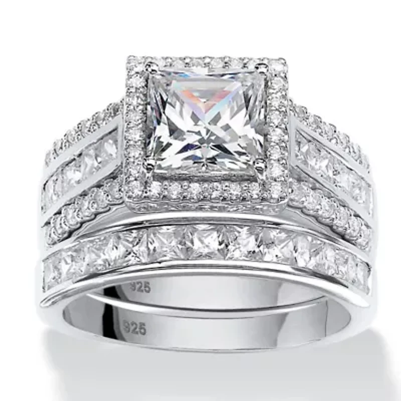 3.31 TCW Cubic Zironica 2-Piece Platinum-plated Silver Halo Bridal Ring Set