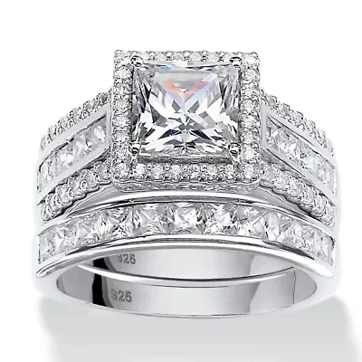 3.31 TCW Cubic Zironica 2-Piece Platinum-plated Silver Halo Bridal Ring Set