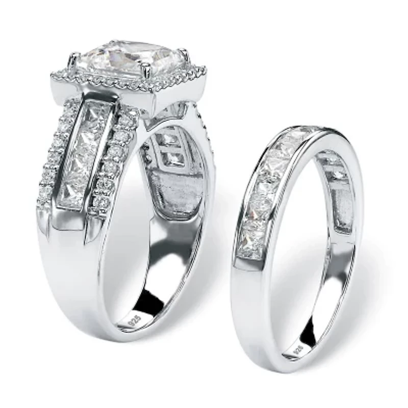 3.31 TCW Cubic Zironica 2-Piece Platinum-plated Silver Halo Bridal Ring Set