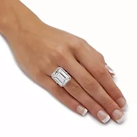 19.57 TCW Emerald-Cut Cubic Zirconia Platinum-plated Sterling Silver Halo Ring