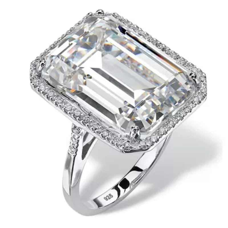19.57 TCW Emerald-Cut Cubic Zirconia Platinum-plated Sterling Silver Halo Ring