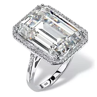 19.57 TCW Emerald-Cut Cubic Zirconia Platinum-plated Sterling Silver Halo Ring