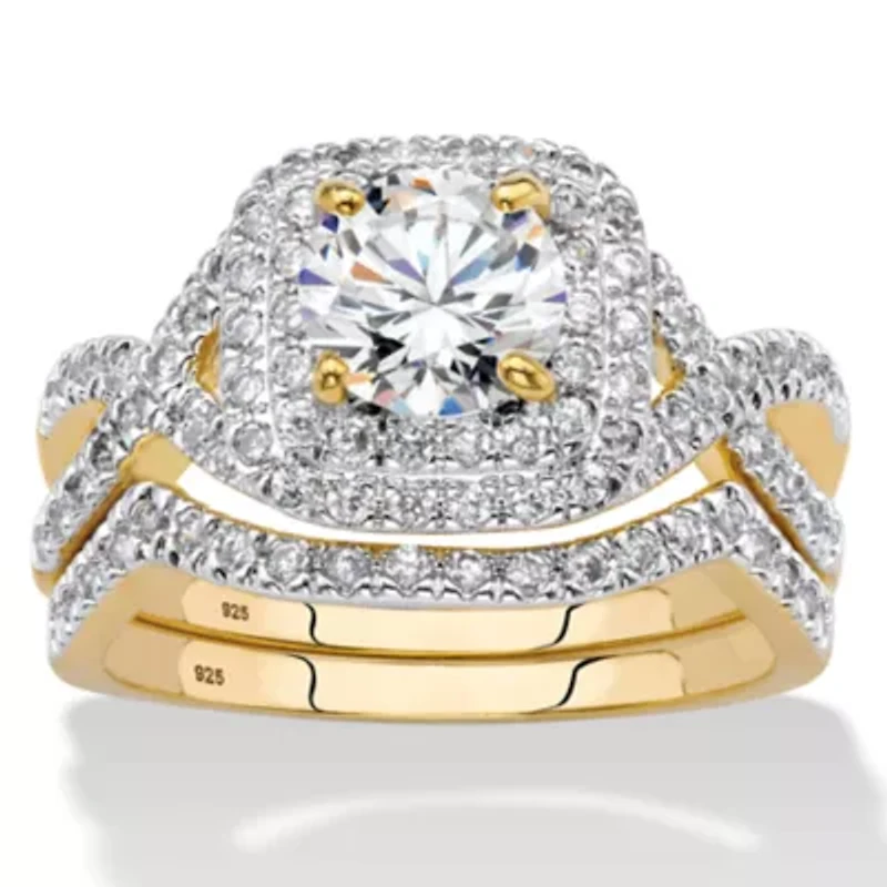 2.20 Cttw. Cubic Zirconia 14K Gold-plated Sterling Silver Halo Wedding Ring Set