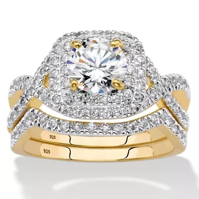 2.20 Cttw. Cubic Zirconia 14K Gold-plated Sterling Silver Halo Wedding Ring Set