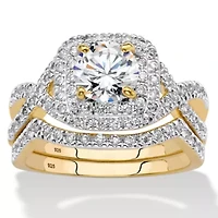 2.20 Cttw. Cubic Zirconia 14K Gold-plated Sterling Silver Halo Wedding Ring Set