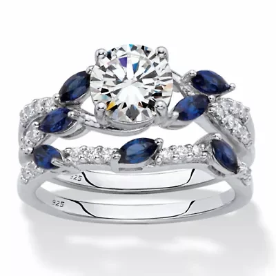 2.63 TCW Platinum-plated Sterling CZ and Lab-Created Sapphire Wedding Ring Set