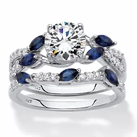 2.63 TCW Platinum-plated Sterling CZ and Lab-Created Sapphire Wedding Ring Set