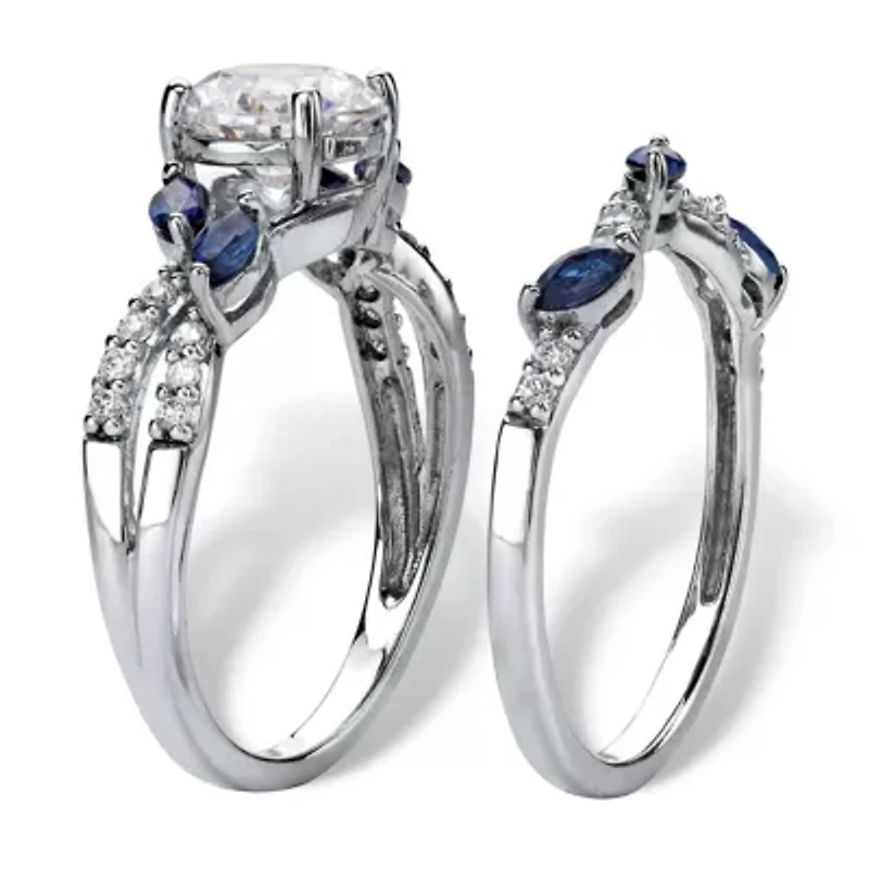 2.63 TCW Platinum-plated Sterling CZ and Lab-Created Sapphire Wedding Ring Set