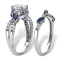 2.63 TCW Platinum-plated Sterling CZ and Lab-Created Sapphire Wedding Ring Set