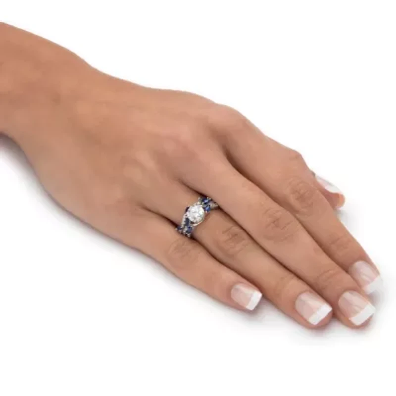 2.63 TCW Platinum-plated Sterling CZ and Lab-Created Sapphire Wedding Ring Set