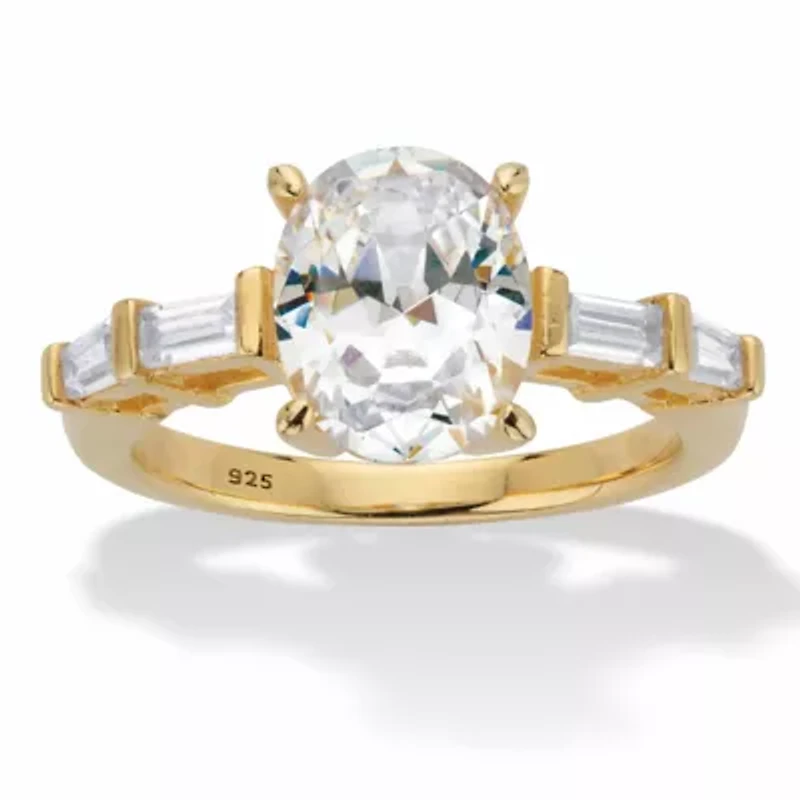 3.08 Cttw. Oval and Baguette Cubic Zirconia Gold-Plated Silver Engagement Ring