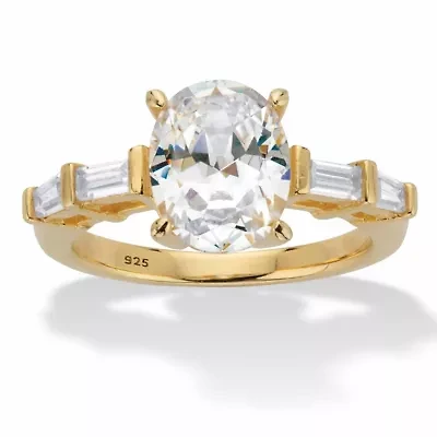 3.08 Cttw. Oval and Baguette Cubic Zirconia Gold-Plated Silver Engagement Ring