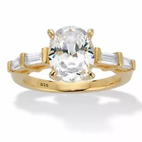 3.08 Cttw. Oval and Baguette Cubic Zirconia Gold-Plated Silver Engagement Ring