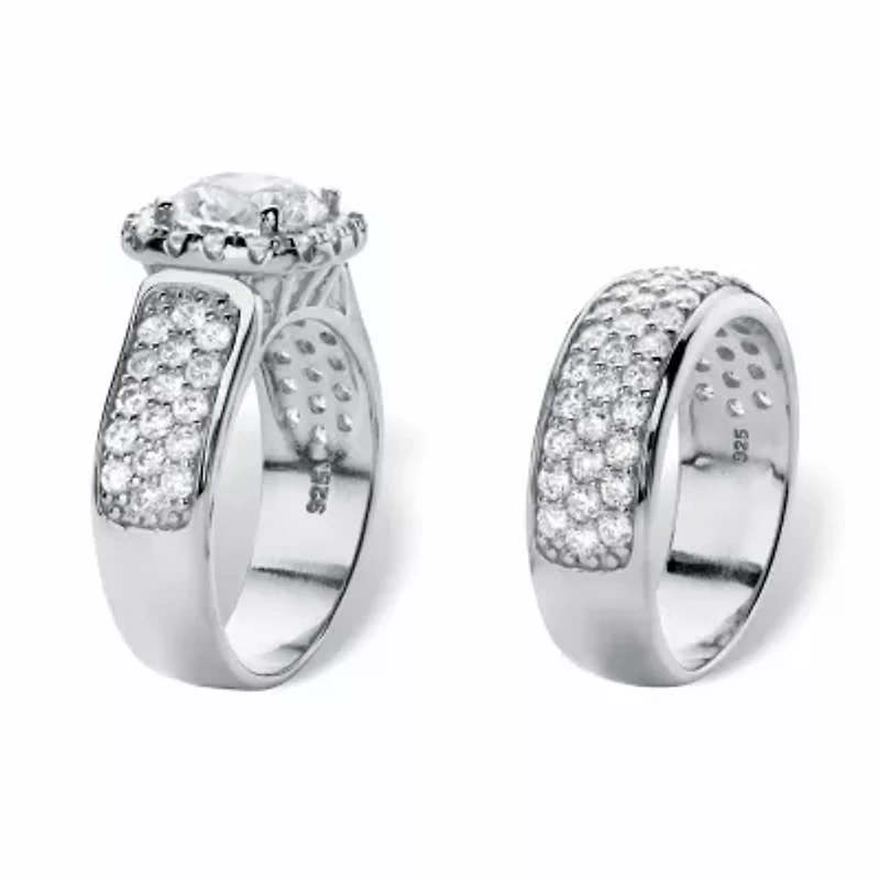 4.43 TCW Cubic Zirconia Platinum-plated Silver 2-Piece Halo Bridal Ring Set