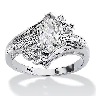 1.03 TCW Marquise-Cut Cubic Zirconia Platinum-Plated Silver Engagement Ring