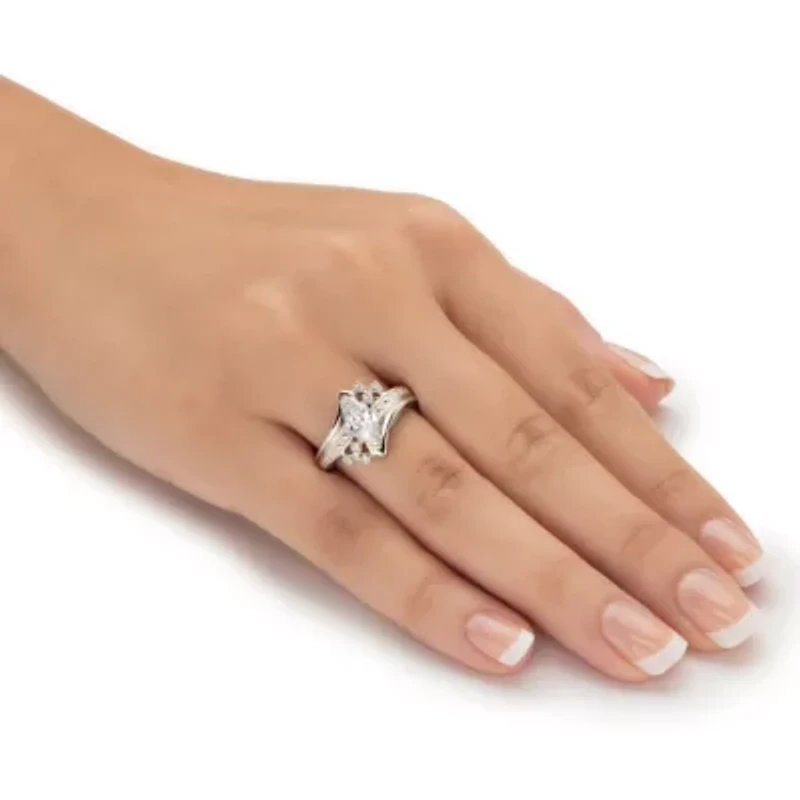 1.03 TCW Marquise-Cut Cubic Zirconia Platinum-Plated Silver Engagement Ring