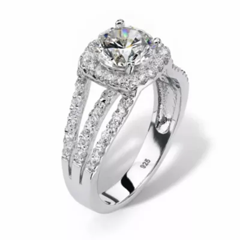 2.27 TCW Round Cubic Zirconia Triple Shank Platinum-plated Sterling Silver Ring