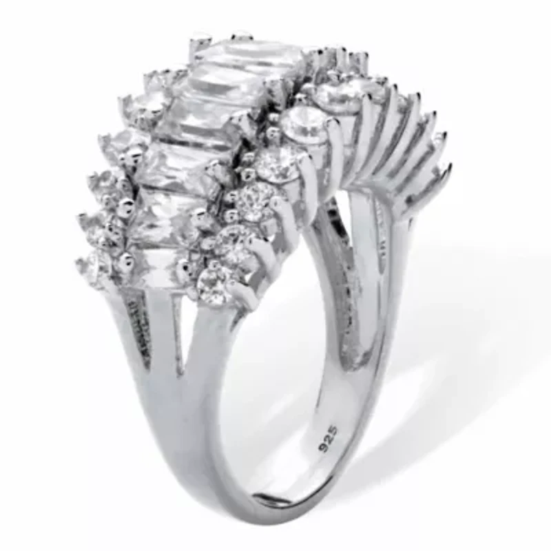 4.38 Cttw. Emerald-Cut Cubic Zirconia Platinum-plated Silver Engagement Ring