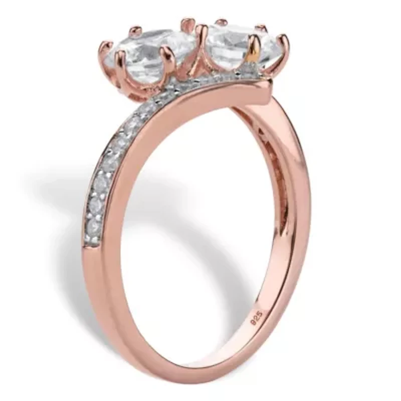 2.20 Cttw. Rose Gold-Plated .925 Silver Round Cubic Zirconia 2-Stone Bypass Ring
