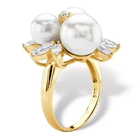 1.84 Cttw. Round 14k Gold-plated Silver Simulated Pearl and CZ Cluster Ring