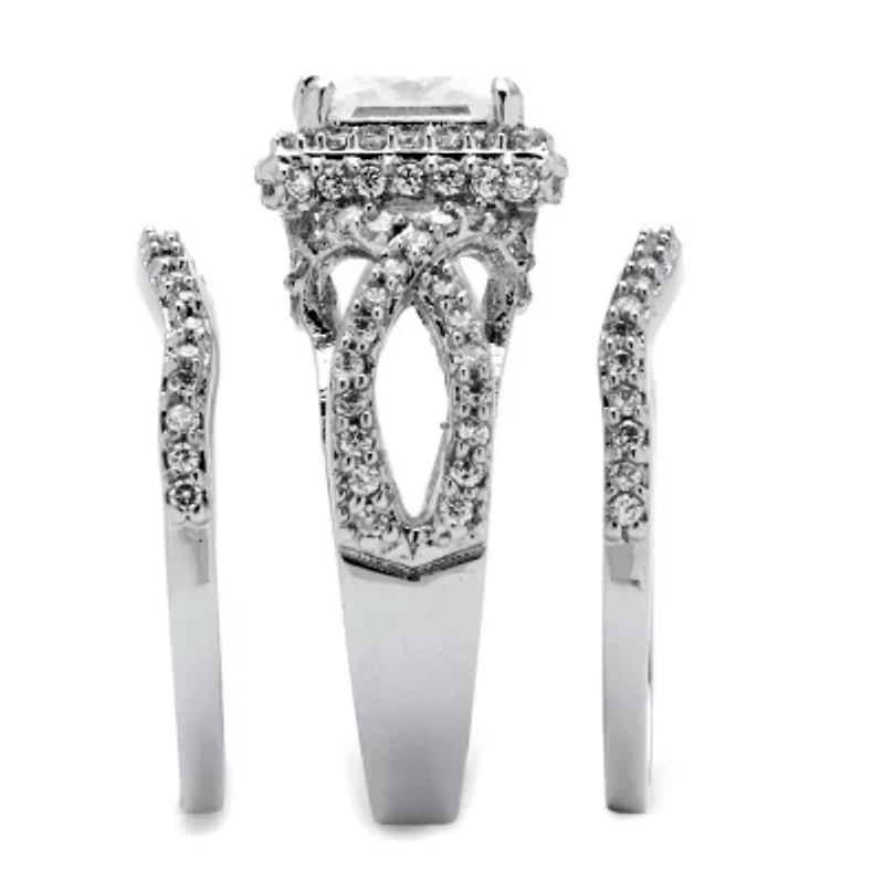 2.82 TCW CZ Platinum-plated Silver 3-Piece Crossover Halo Bridal Ring Set