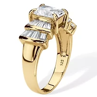 3.10 Cttw. Emerald Cut Cubic Zirconia 18K Gold Plated Silver Engagement Ring