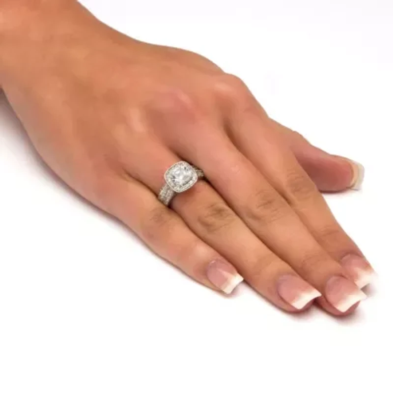 2.08 TCW Cubic Zirconia Platinum-plated Silver 2-Piece Halo Bridal Ring Set