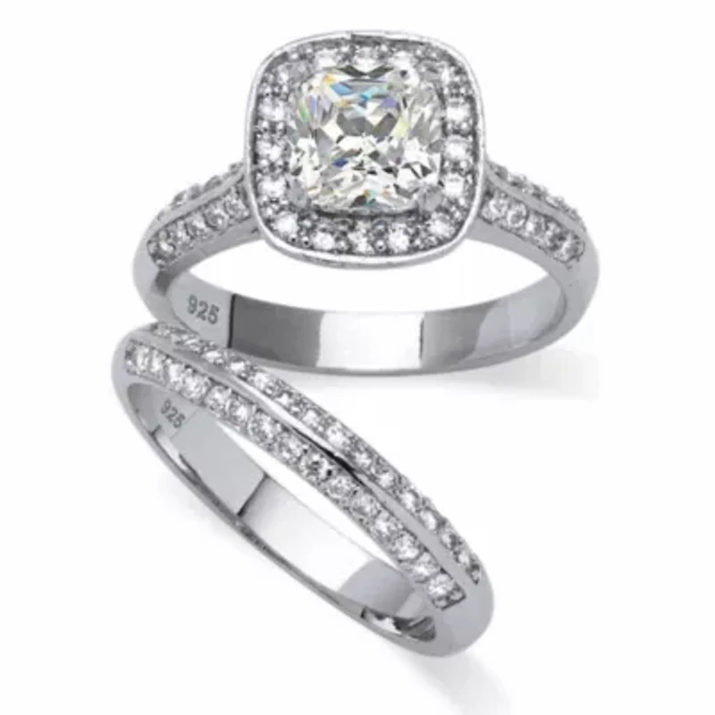 2.08 TCW Cubic Zirconia Platinum-plated Silver 2-Piece Halo Bridal Ring Set