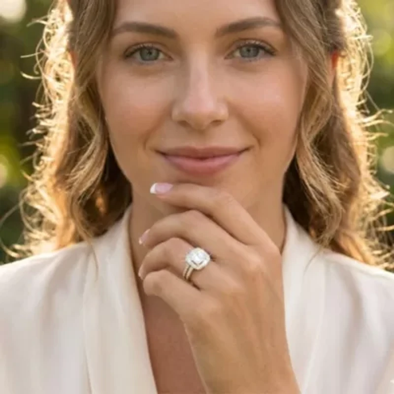 1.99 Cttw. Cubic Zirconia Gold-Plated Sterling Silver Halo Bridal Set